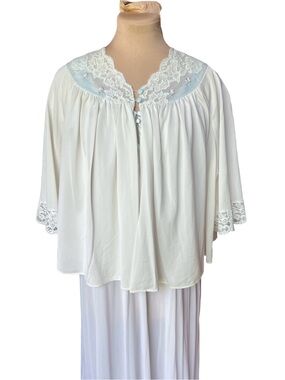 Vintage Shadowline Pale Blue Bed Jacket 1960s Lace and Embroidered Pink Rosebuds
